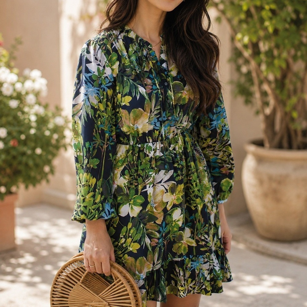 NWOT J.Crew 100% Silk Ruffle Mini Dress Womens L Watercolor Moody Floral
